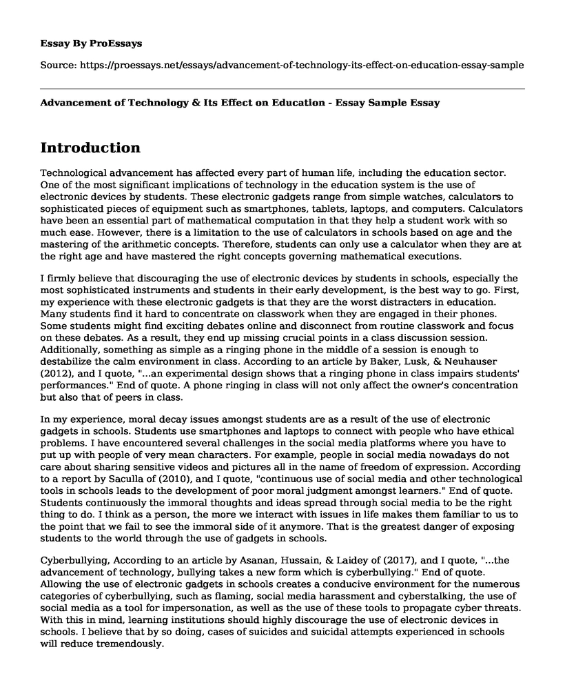 Advancement of Technology & Its Effect on Education - Essay Sample
