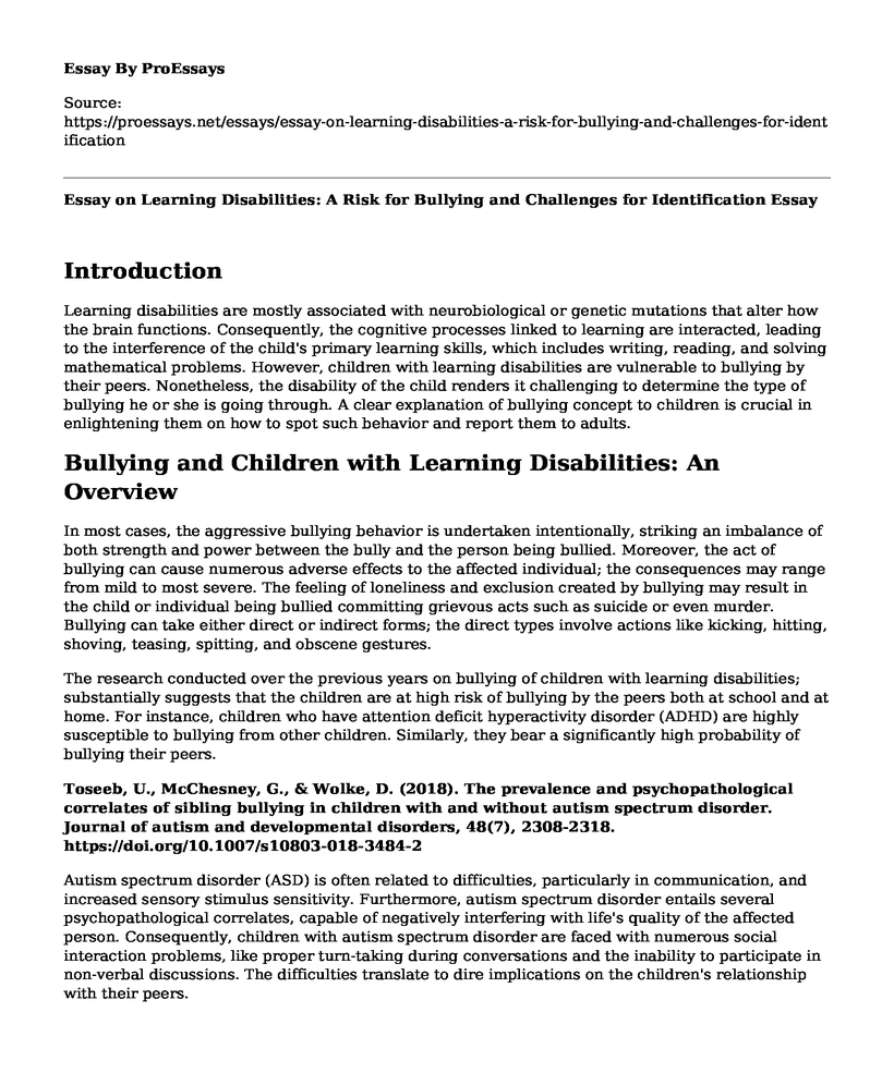 Essay on Learning Disabilities: A Risk for Bullying and Challenges for Identification