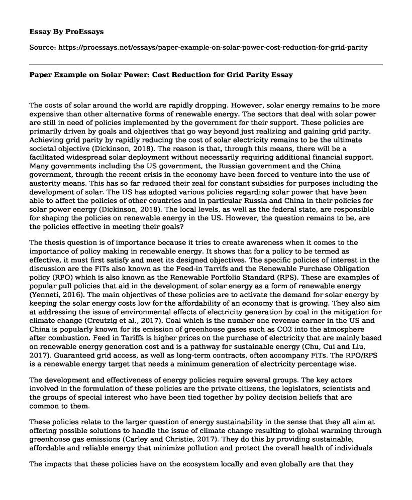 Paper Example on Solar Power: Cost Reduction for Grid Parity