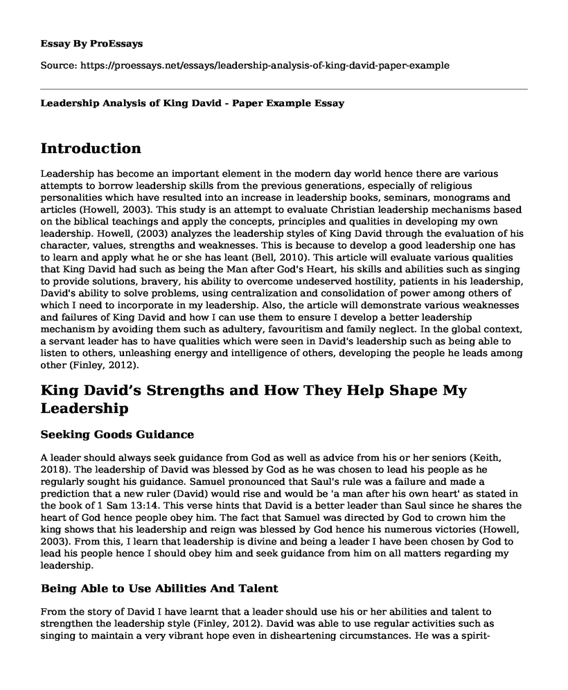 Leadership Analysis of King David - Paper Example
