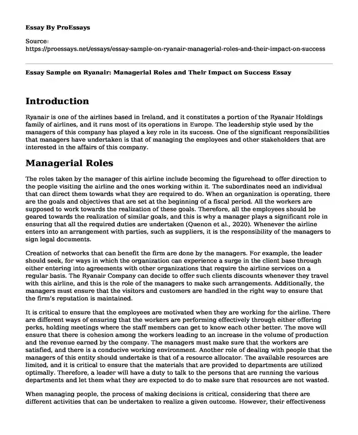 Essay Sample on Ryanair: Managerial Roles and Their Impact on Success