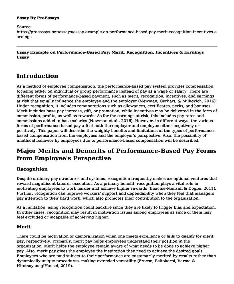 Essay Example on Performance-Based Pay: Merit, Recognition, Incentives & Earnings