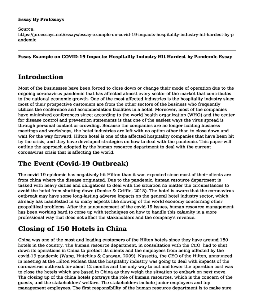 Essay Example on COVID-19 Impacts: Hospitality Industry Hit Hardest by Pandemic