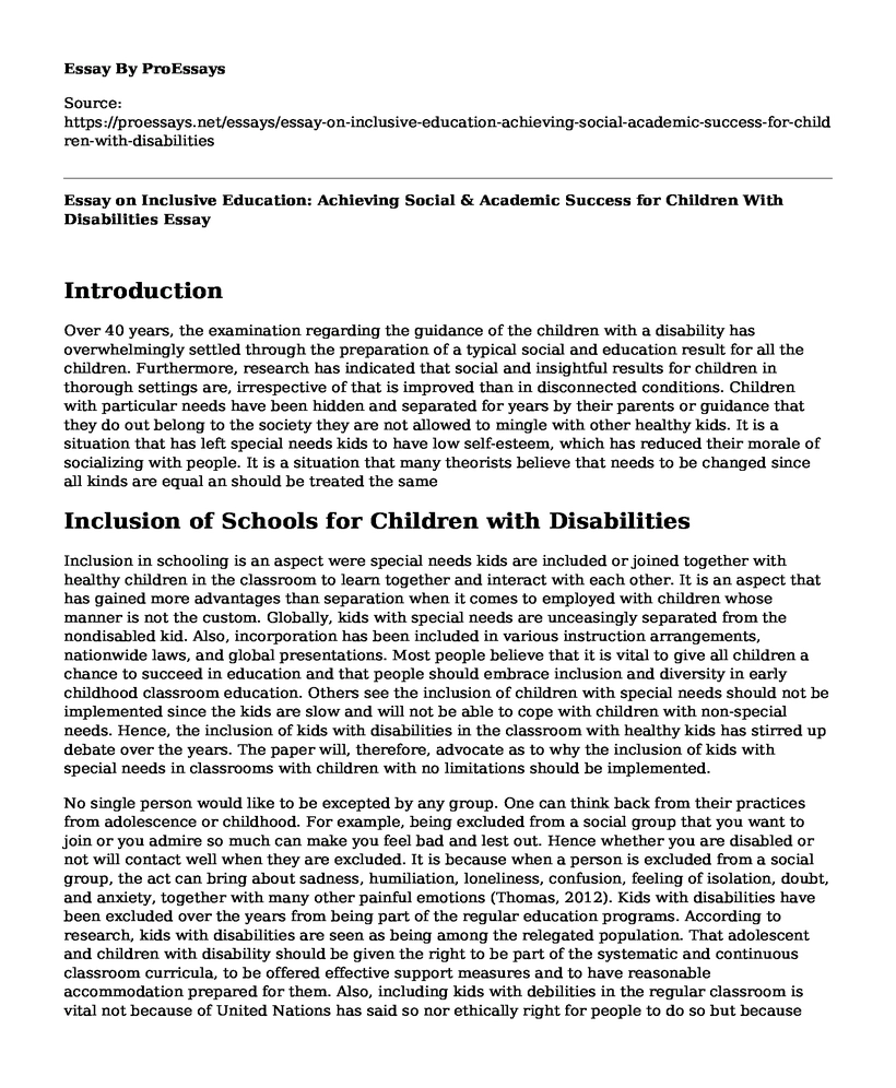 Essay on Inclusive Education: Achieving Social & Academic Success for Children With Disabilities