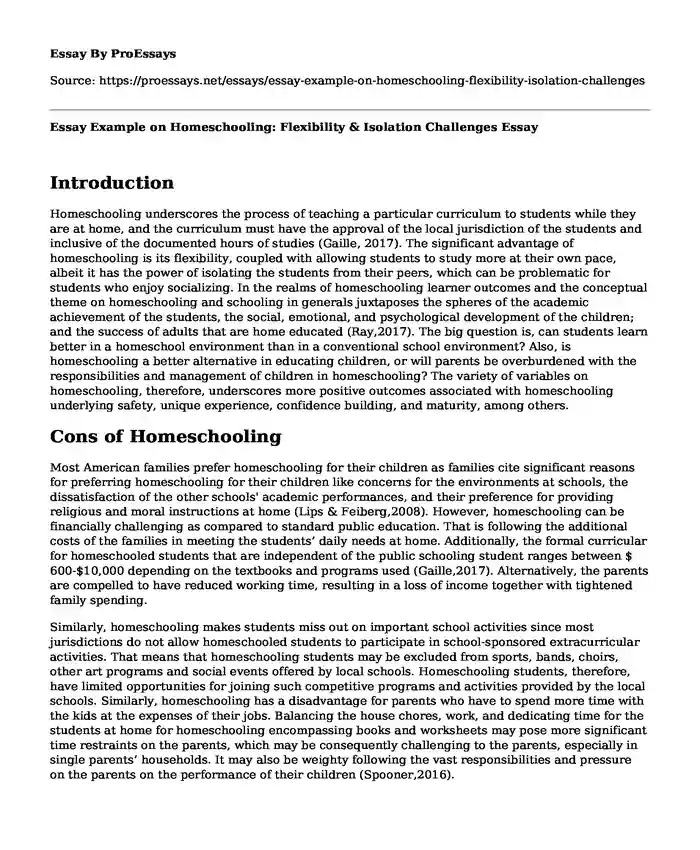 Essay Example on Homeschooling: Flexibility & Isolation Challenges