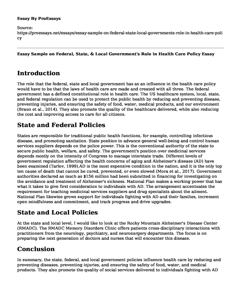 Essay Sample on Federal, State, & Local Government's Role in Health Care Policy
