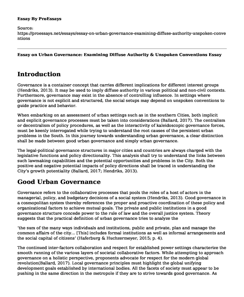 Essay on Urban Governance: Examining Diffuse Authority & Unspoken Conventions