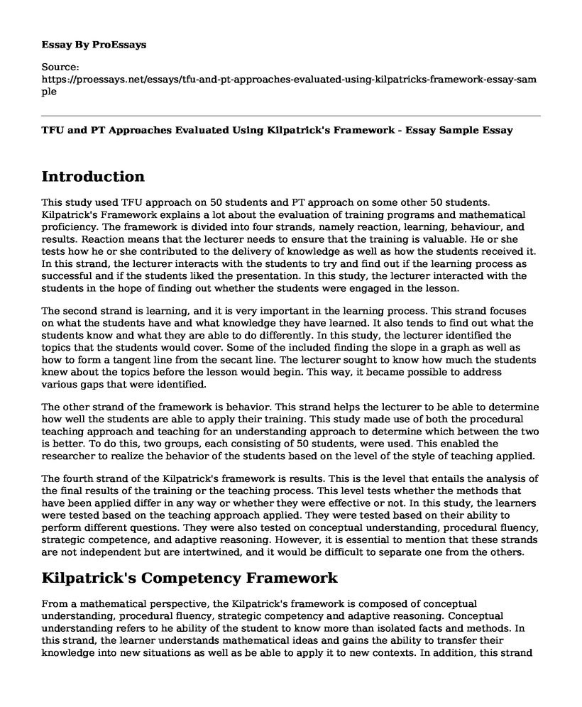 TFU and PT Approaches Evaluated Using Kilpatrick's Framework - Essay Sample