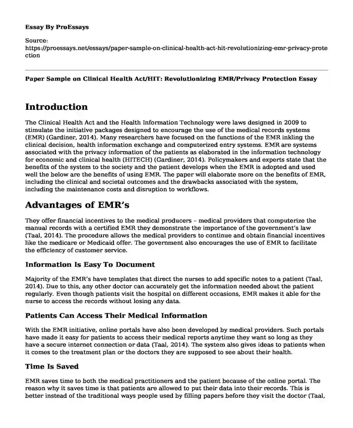 Paper Sample on Clinical Health Act/HIT: Revolutionizing EMR/Privacy Protection