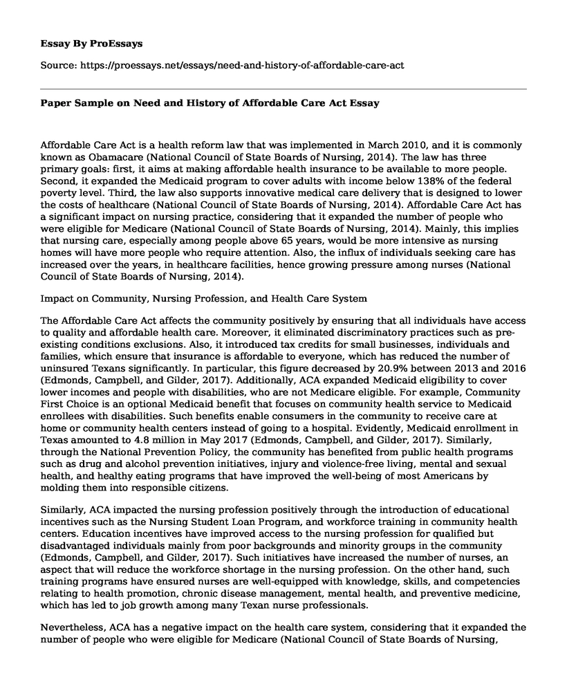 Paper Sample on Need and History of Affordable Care Act
