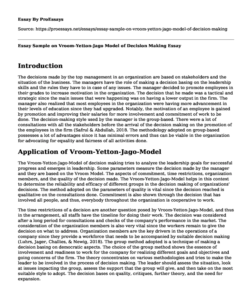 Essay Sample on Vroom-Yetton-Jago Model of Decision Making