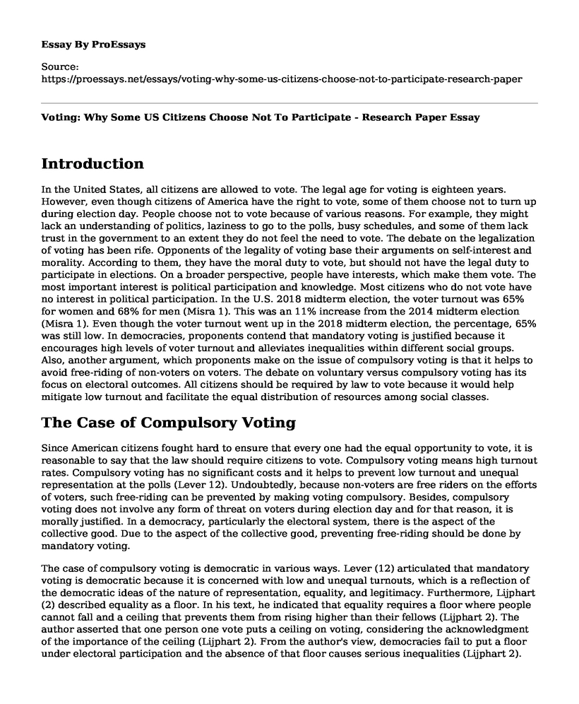 Voting: Why Some US Citizens Choose Not To Participate - Research Paper