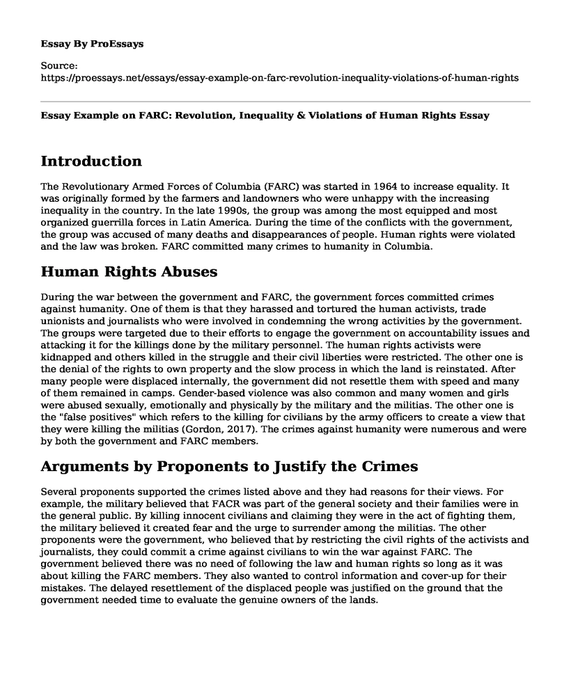 Essay Example on FARC: Revolution, Inequality & Violations of Human Rights