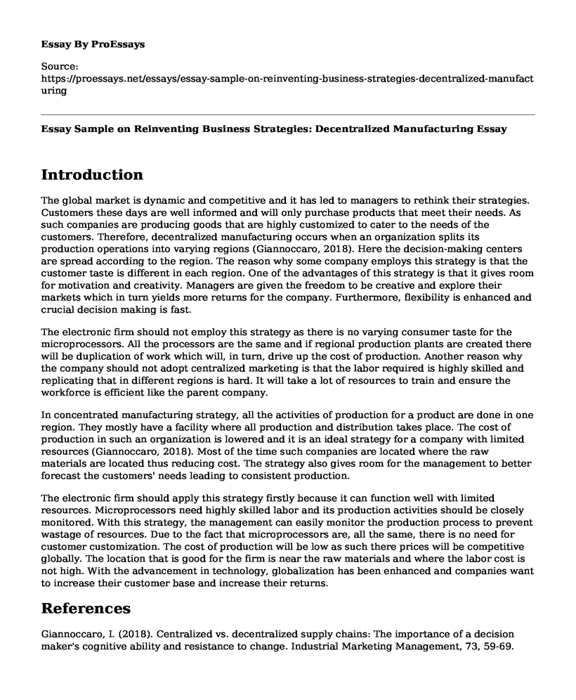 Essay Sample on Reinventing Business Strategies: Decentralized Manufacturing