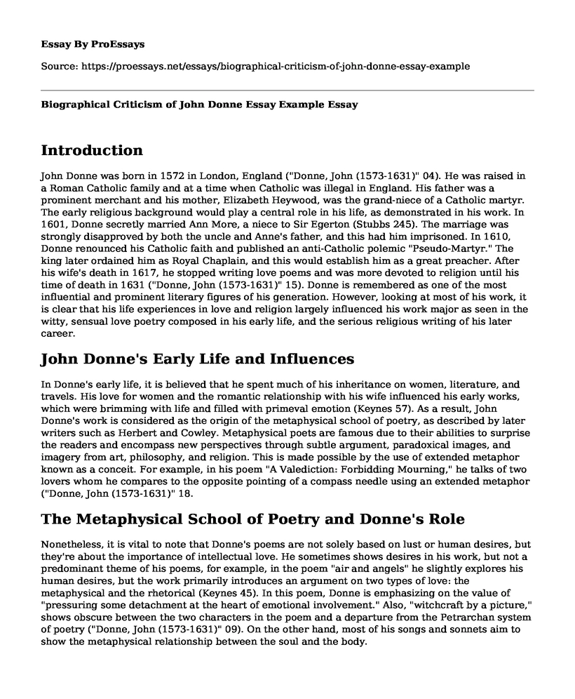 Biographical Criticism of John Donne Essay Example