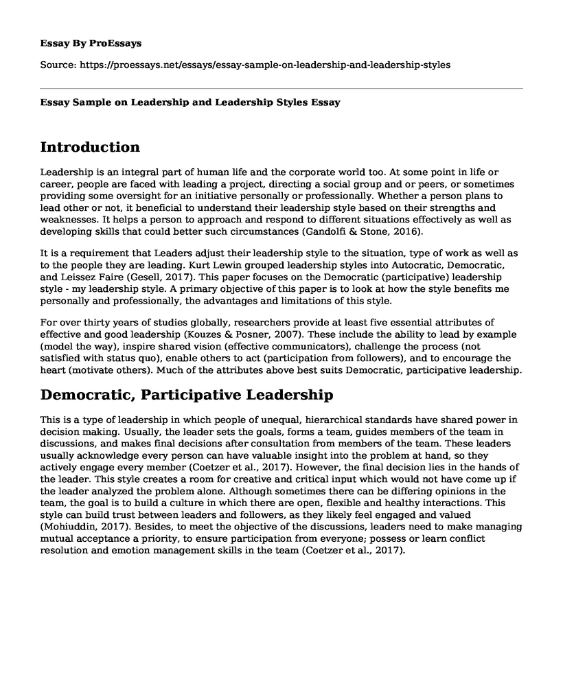 Essay Sample on Leadership and Leadership Styles