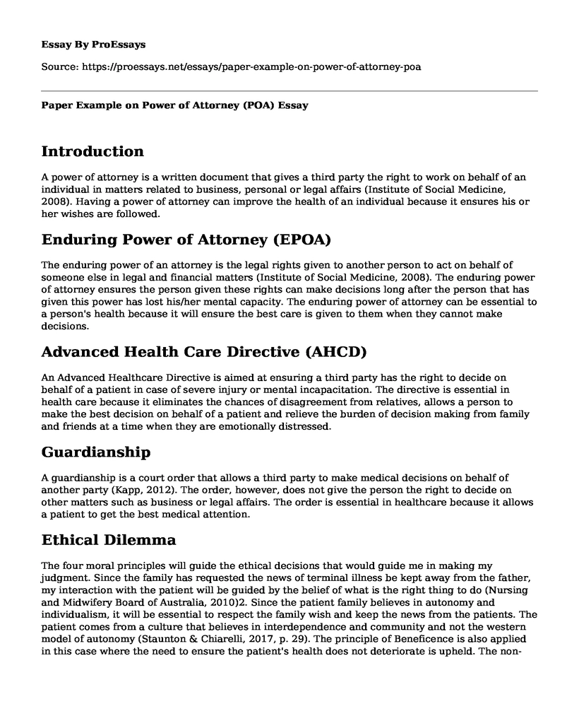 Paper Example on Power of Attorney (POA)