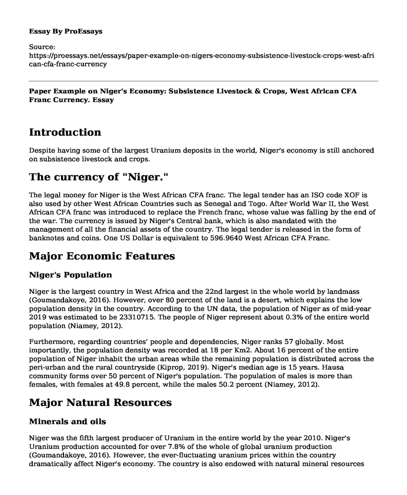 Paper Example on Niger's Economy: Subsistence Livestock & Crops, West African CFA Franc Currency.