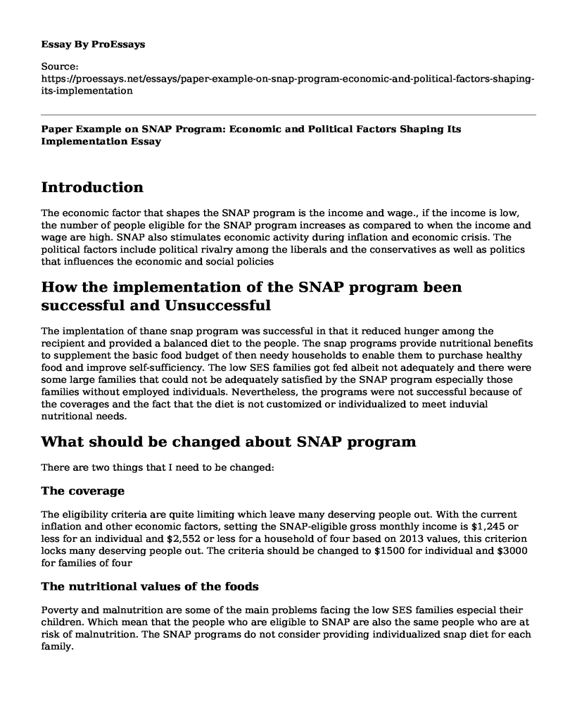 Paper Example on SNAP Program: Economic and Political Factors Shaping Its Implementation