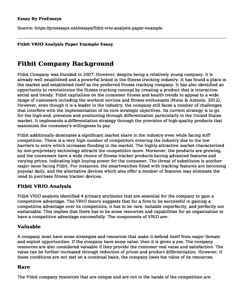 Fitbit VRIO Analysis Paper Example