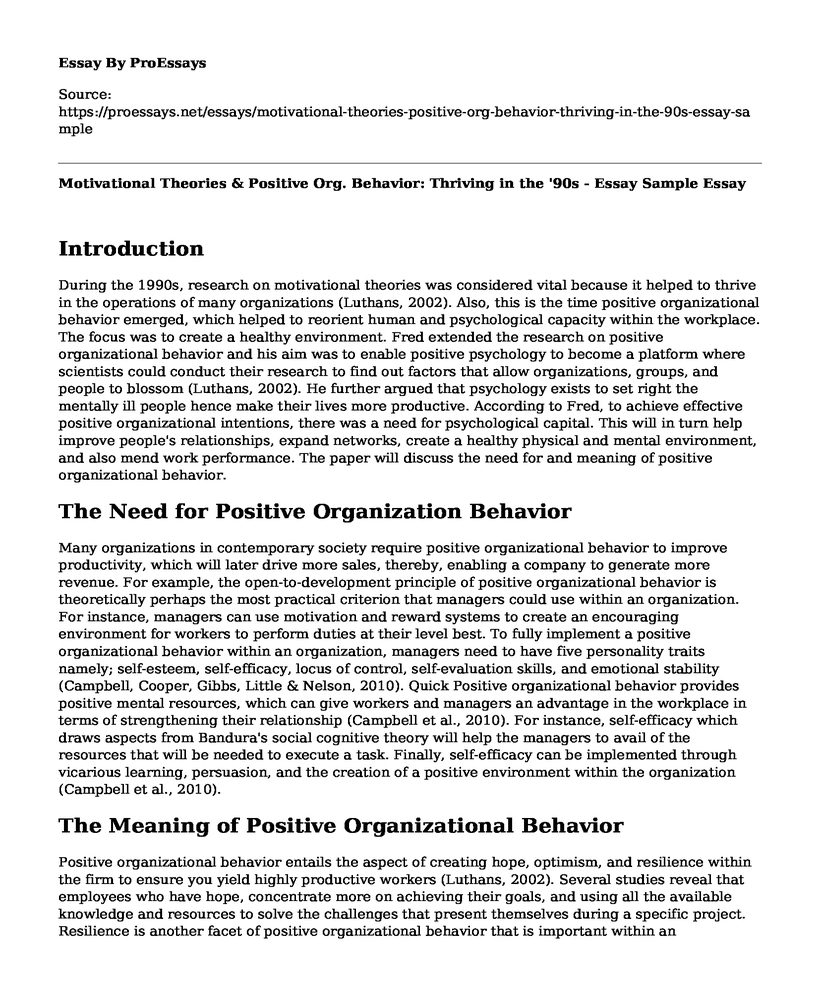 Motivational Theories & Positive Org. Behavior: Thriving in the '90s - Essay Sample