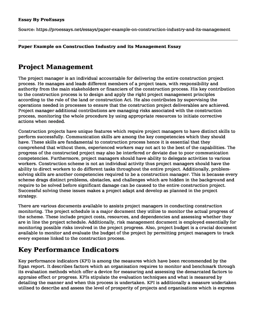 Paper Example on Construction Industry and its Management