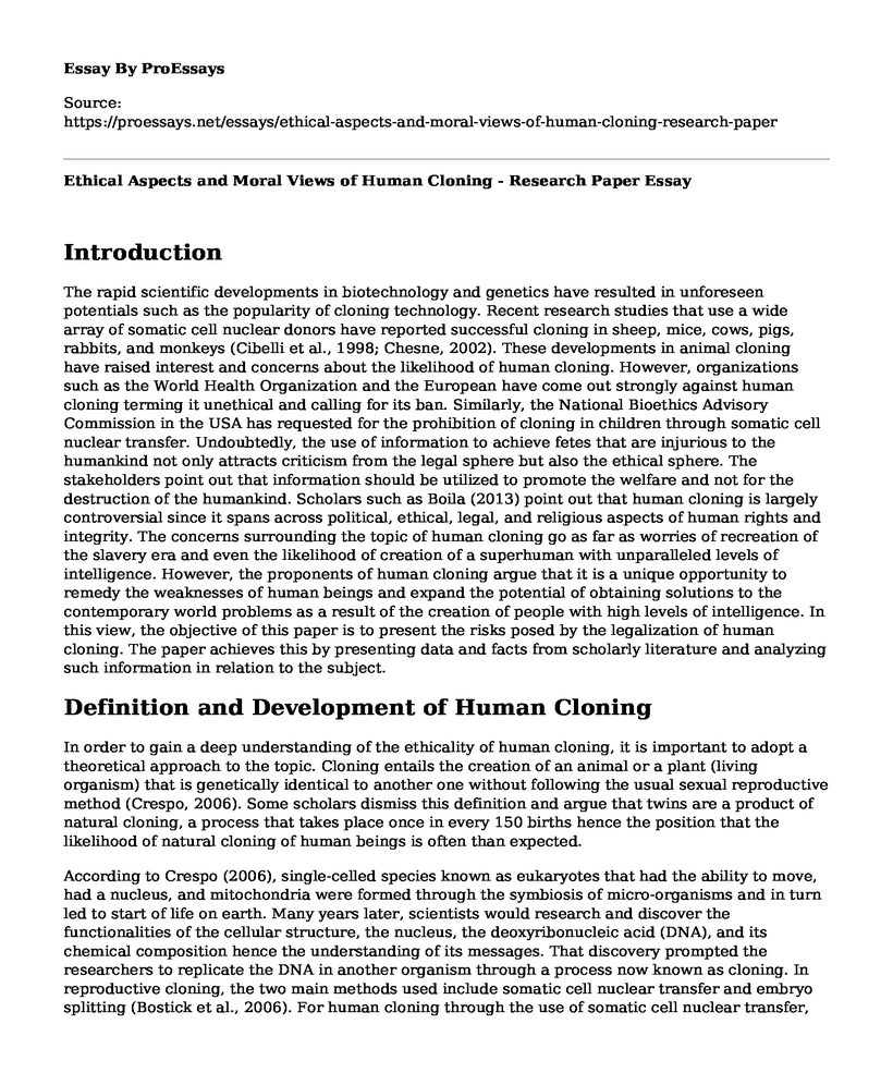 Ethical Aspects and Moral Views of Human Cloning - Research Paper