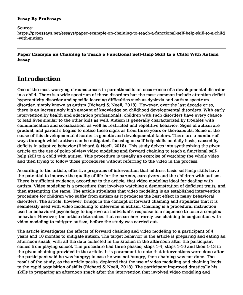 Paper Example on Chaining to Teach a Functional Self-Help Skill to a Child With Autism