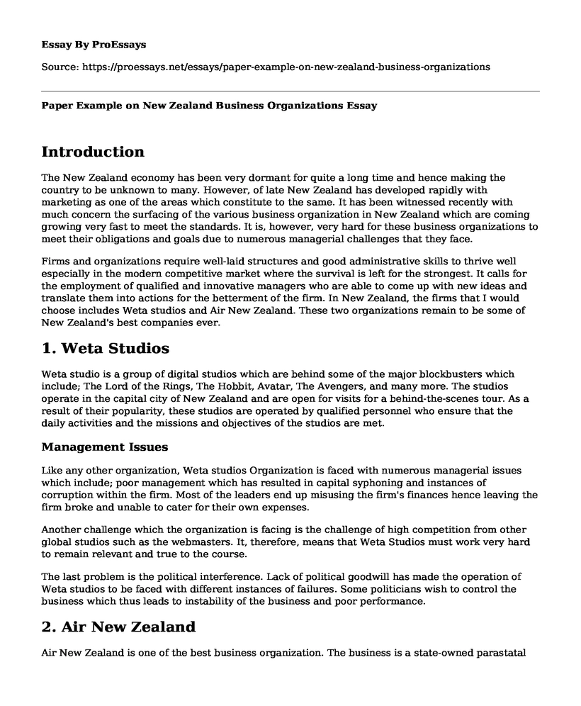 Paper Example on New Zealand Business Organizations