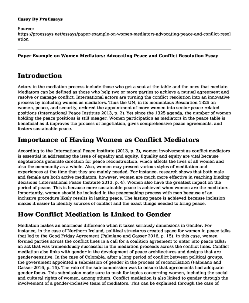 Paper Example on Women Mediators: Advocating Peace and Conflict Resolution