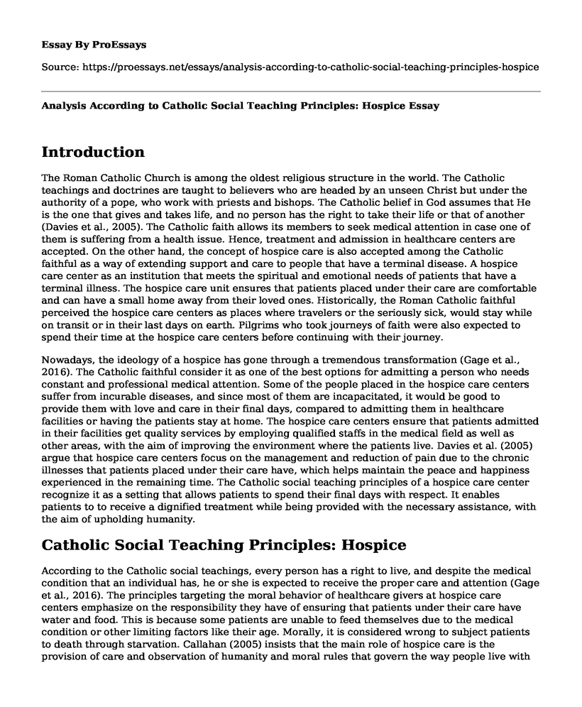 Analysis According to Catholic Social Teaching Principles: Hospice