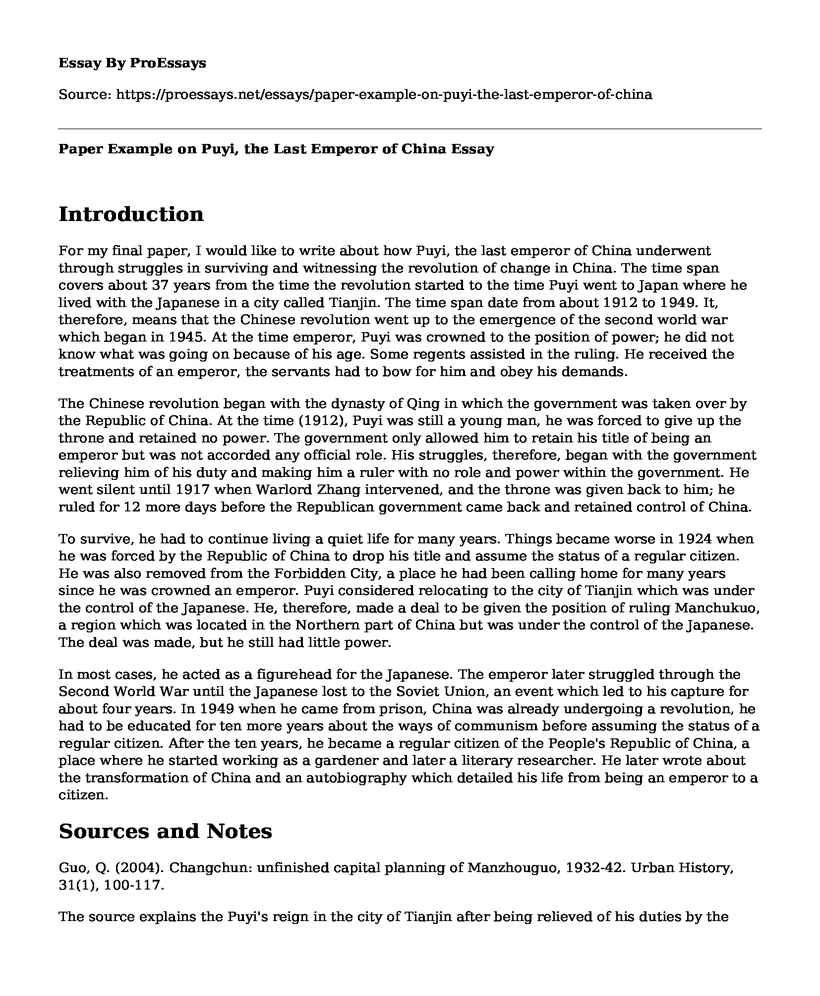 Paper Example on Puyi, the Last Emperor of China