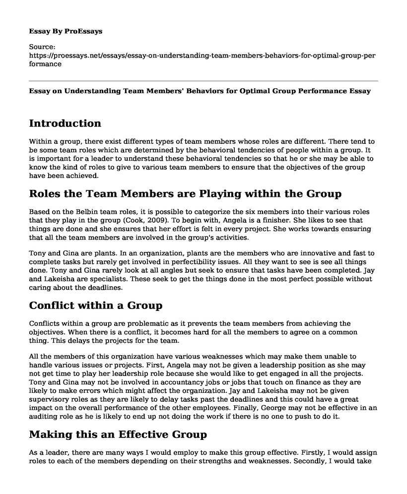 Essay on Understanding Team Members' Behaviors for Optimal Group Performance