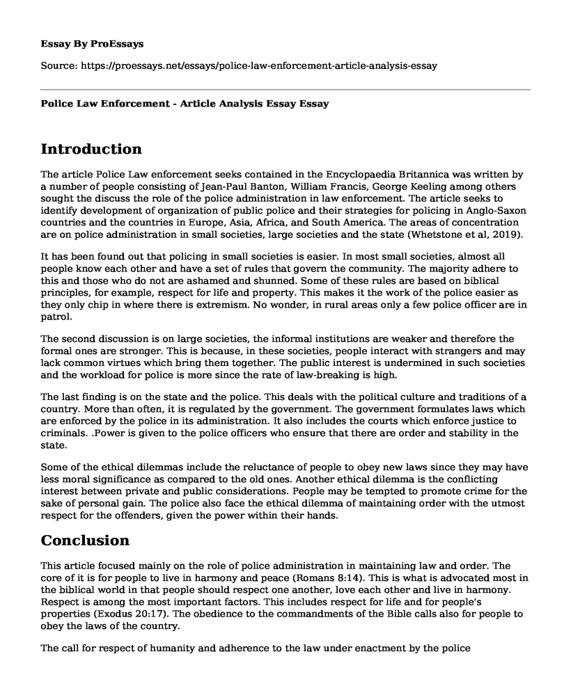 Police Law Enforcement - Article Analysis Essay