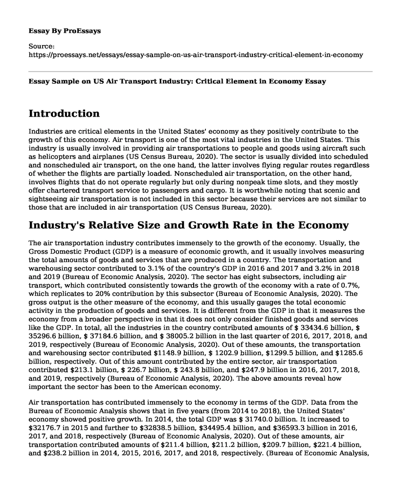 Essay Sample on US Air Transport Industry: Critical Element in Economy