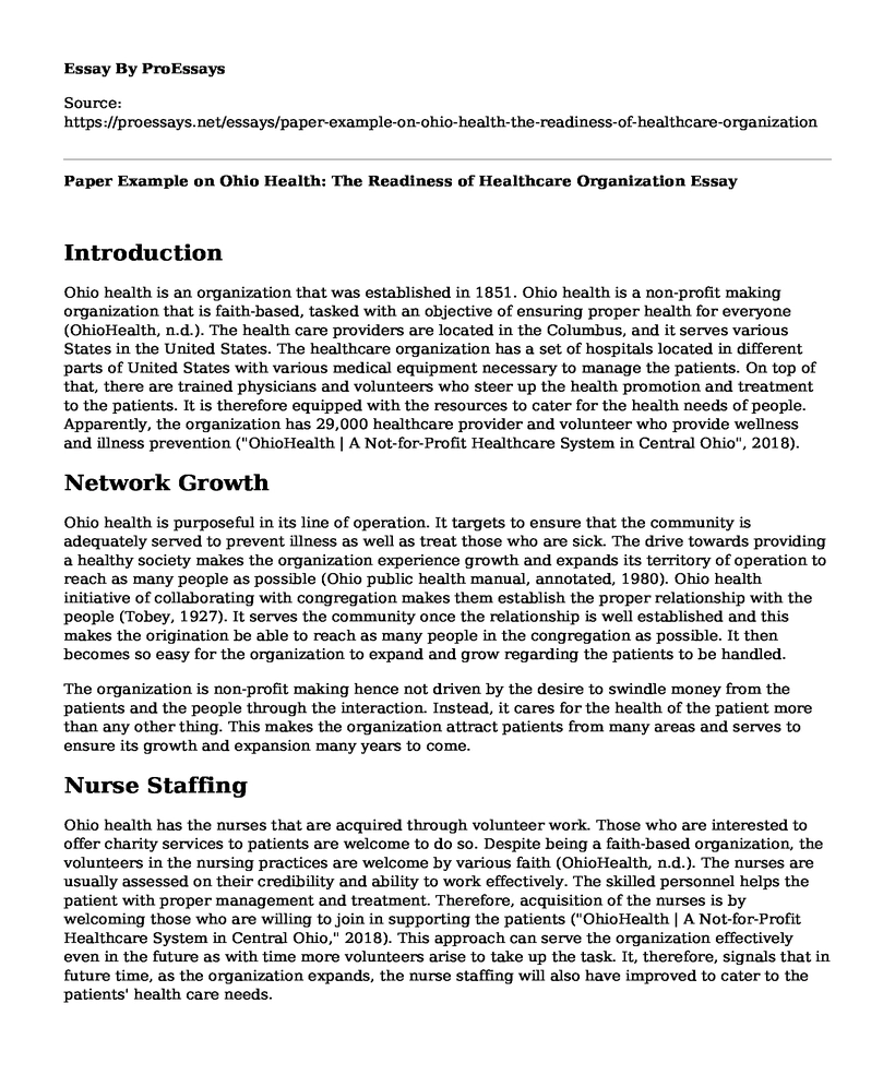 Paper Example on Ohio Health: The Readiness of Healthcare Organization