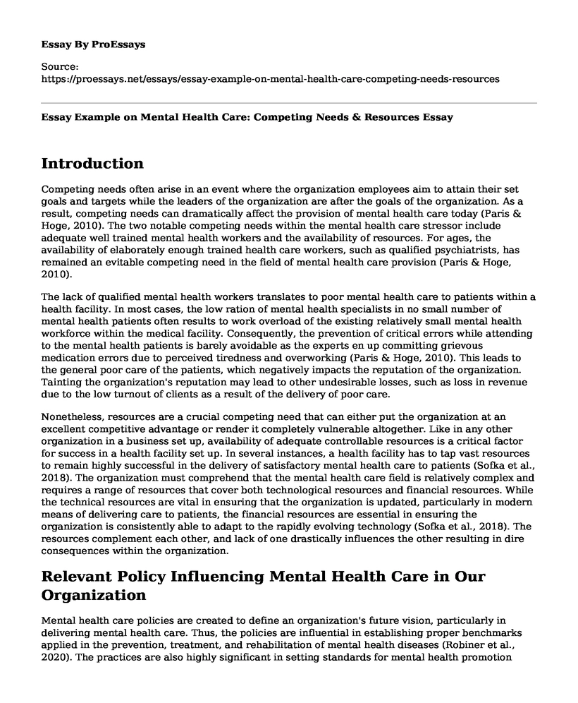 Essay Example on Mental Health Care: Competing Needs & Resources