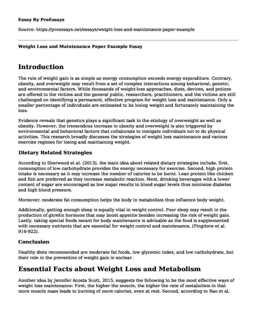 Weight Loss and Maintenance Paper Example