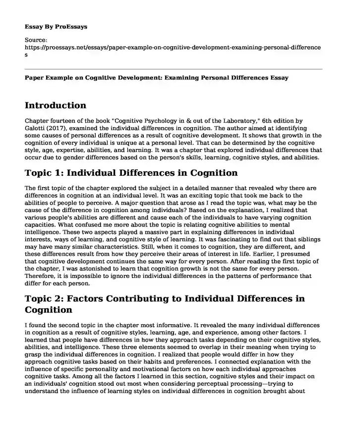 Paper Example on Cognitive Development: Examining Personal Differences
