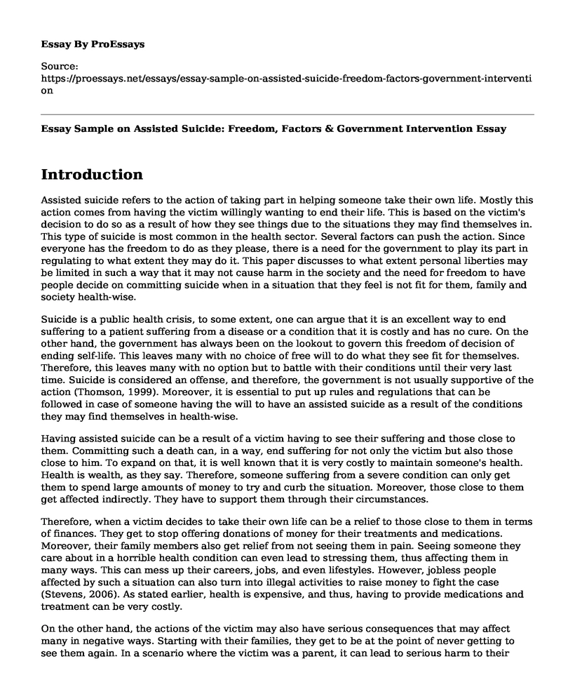 Essay Sample on Assisted Suicide: Freedom, Factors & Government Intervention