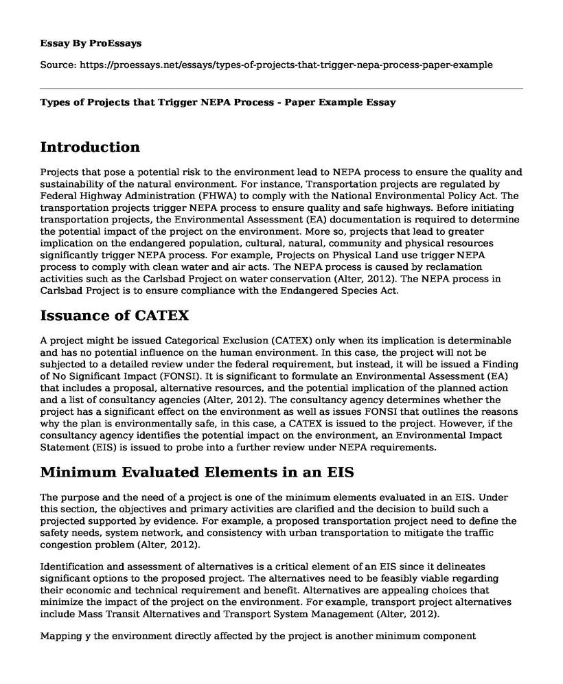 Types of Projects that Trigger NEPA Process - Paper Example