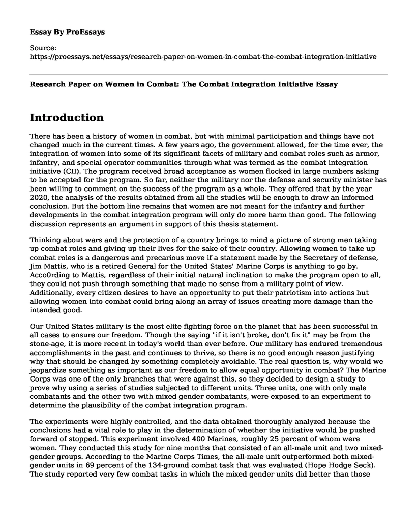 Research Paper on Women in Combat: The Combat Integration Initiative