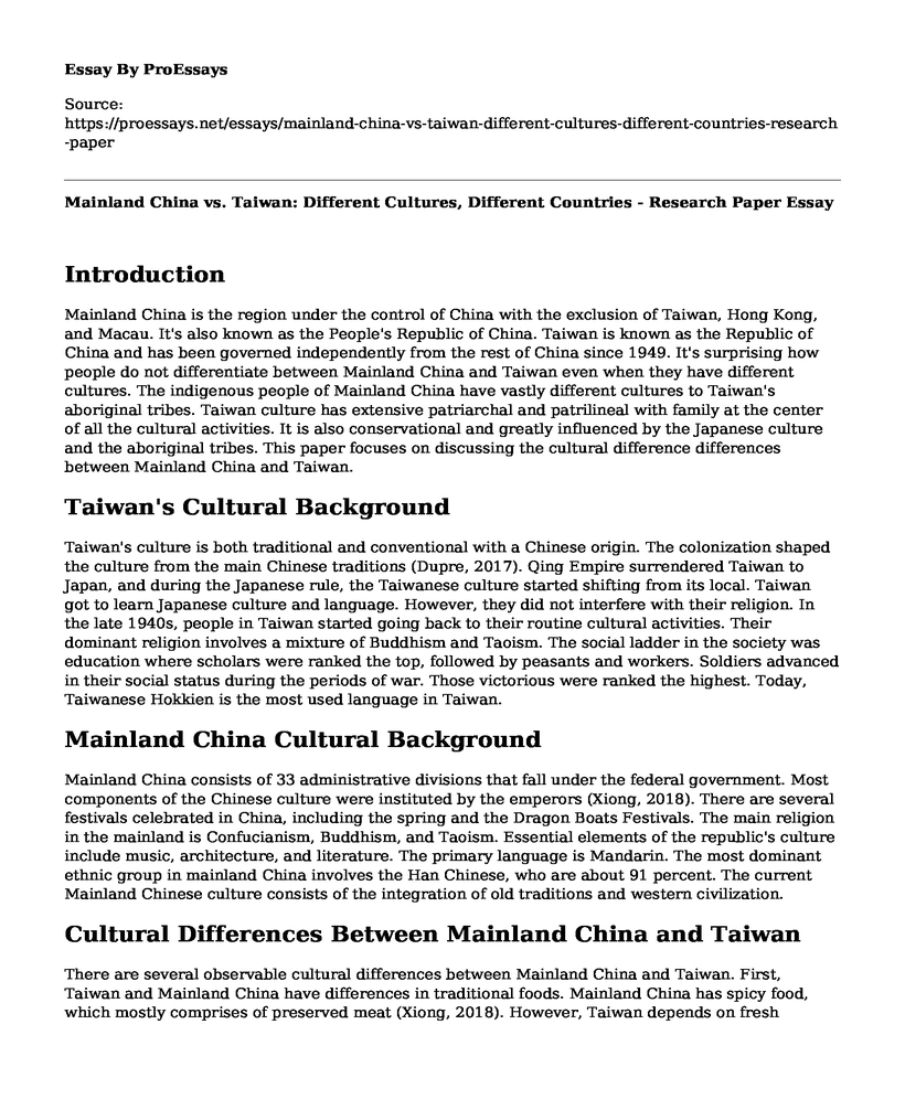 Mainland China vs. Taiwan: Different Cultures, Different Countries - Research Paper