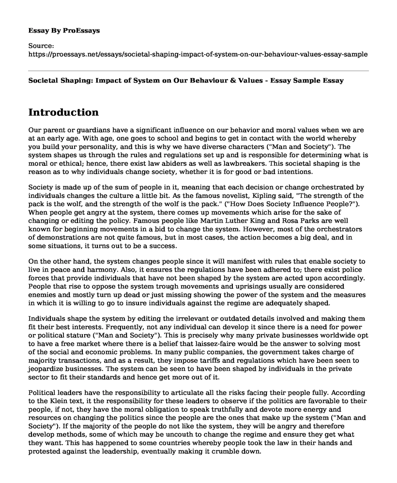 Societal Shaping: Impact of System on Our Behaviour & Values - Essay Sample