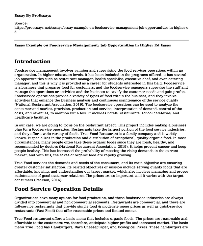 Essay Example on Foodservice Management: Job Opportunities in Higher Ed
