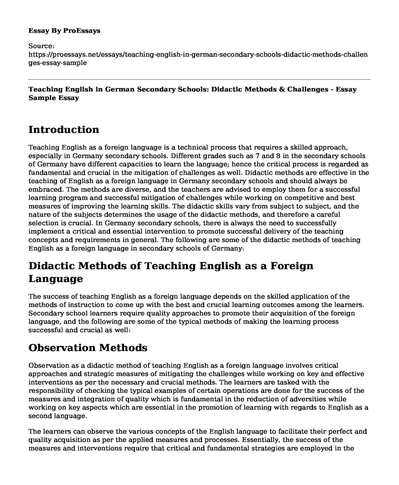 Teaching English in German Secondary Schools: Didactic Methods & Challenges - Essay Sample