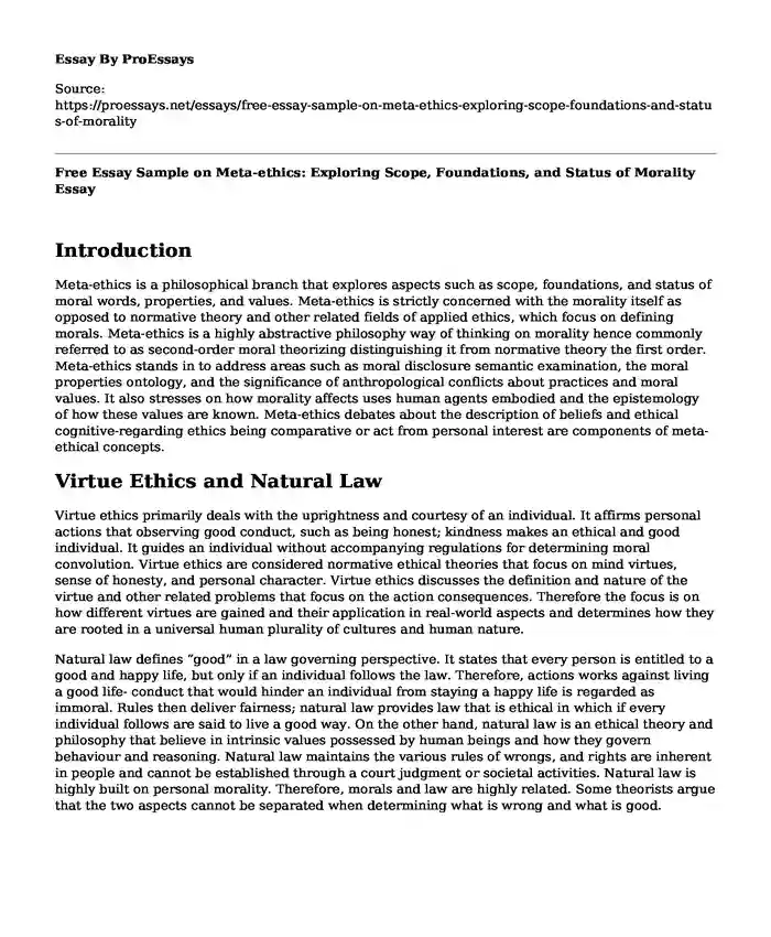 Free Essay Sample on Meta-ethics: Exploring Scope, Foundations, and Status of Morality