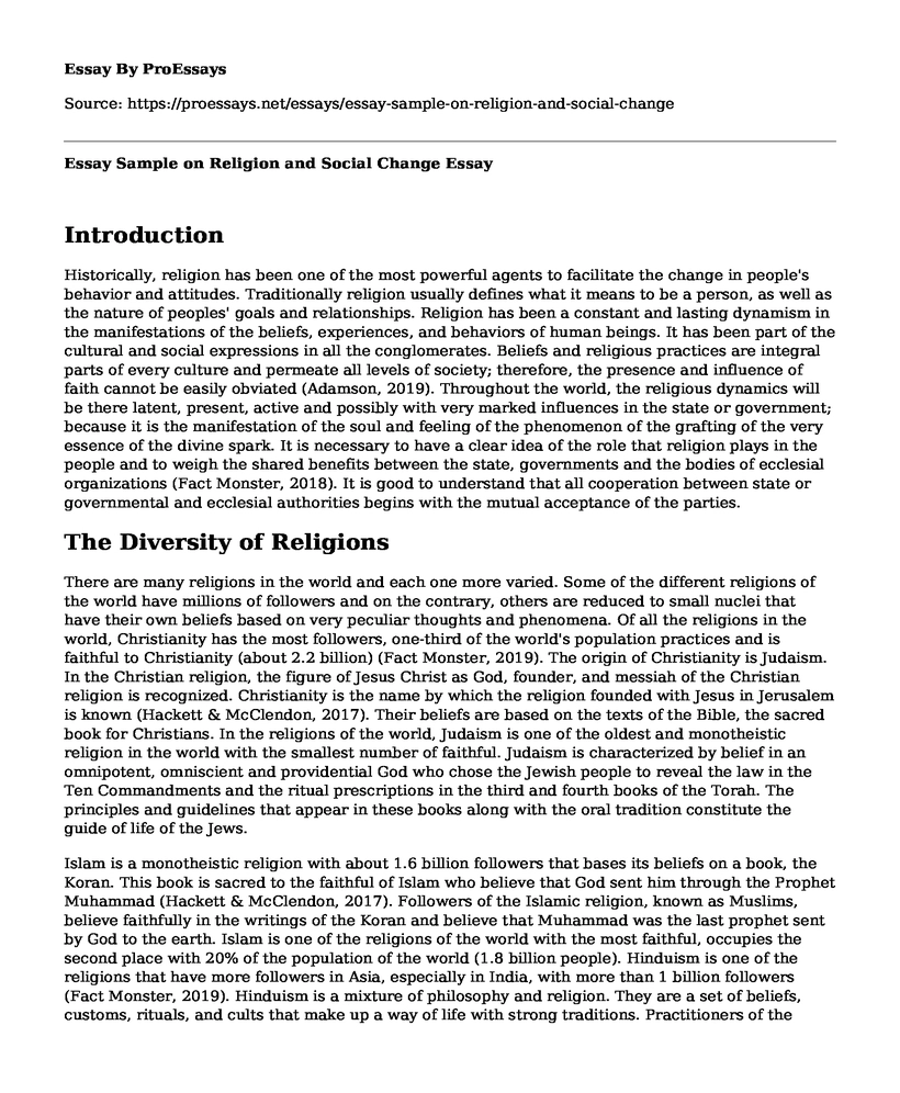 Essay Sample on Religion and Social Change