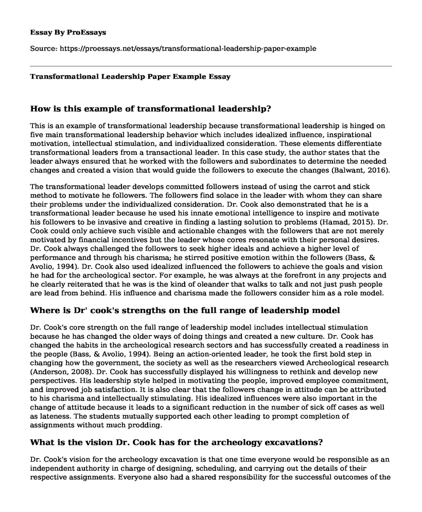 Transformational Leadership Paper Example