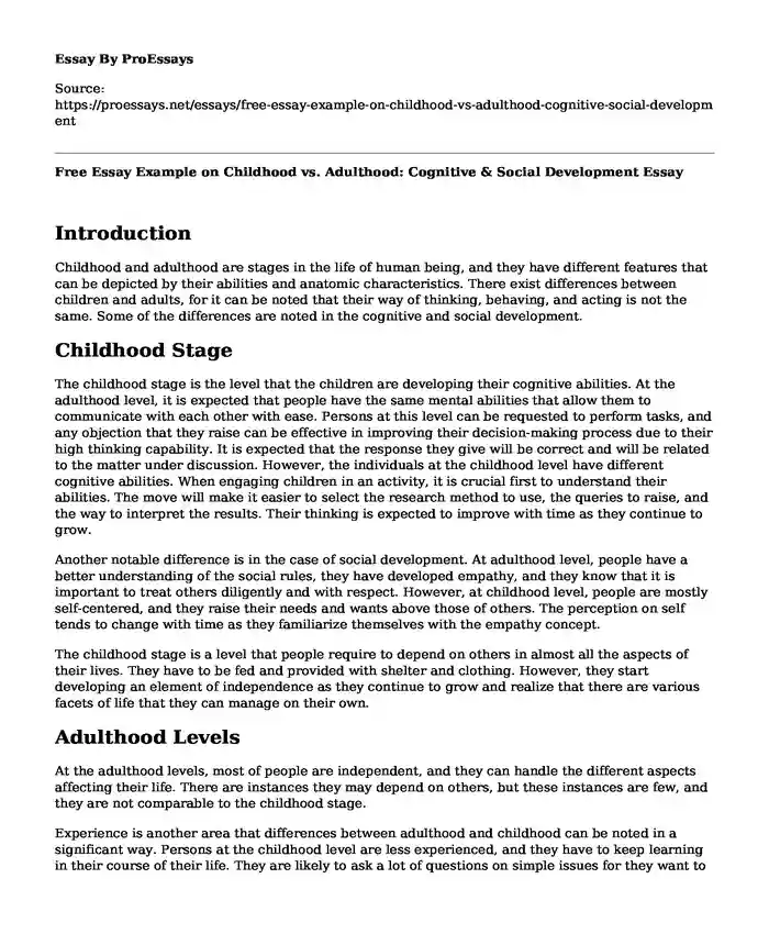 Free Essay Example on Childhood vs. Adulthood: Cognitive & Social Development